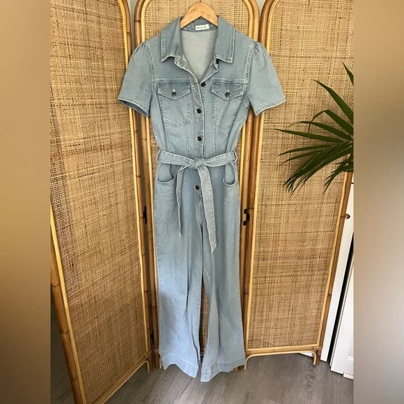 Avec Les Filles denim blue wide leg belted jumpsuit - Picture 5 of 10